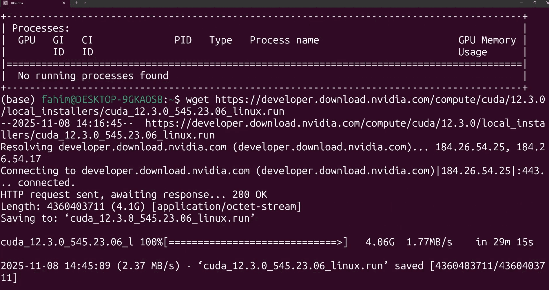 Preview of CUDA Toolkit 12.3 download commands for WSL-Ubuntu