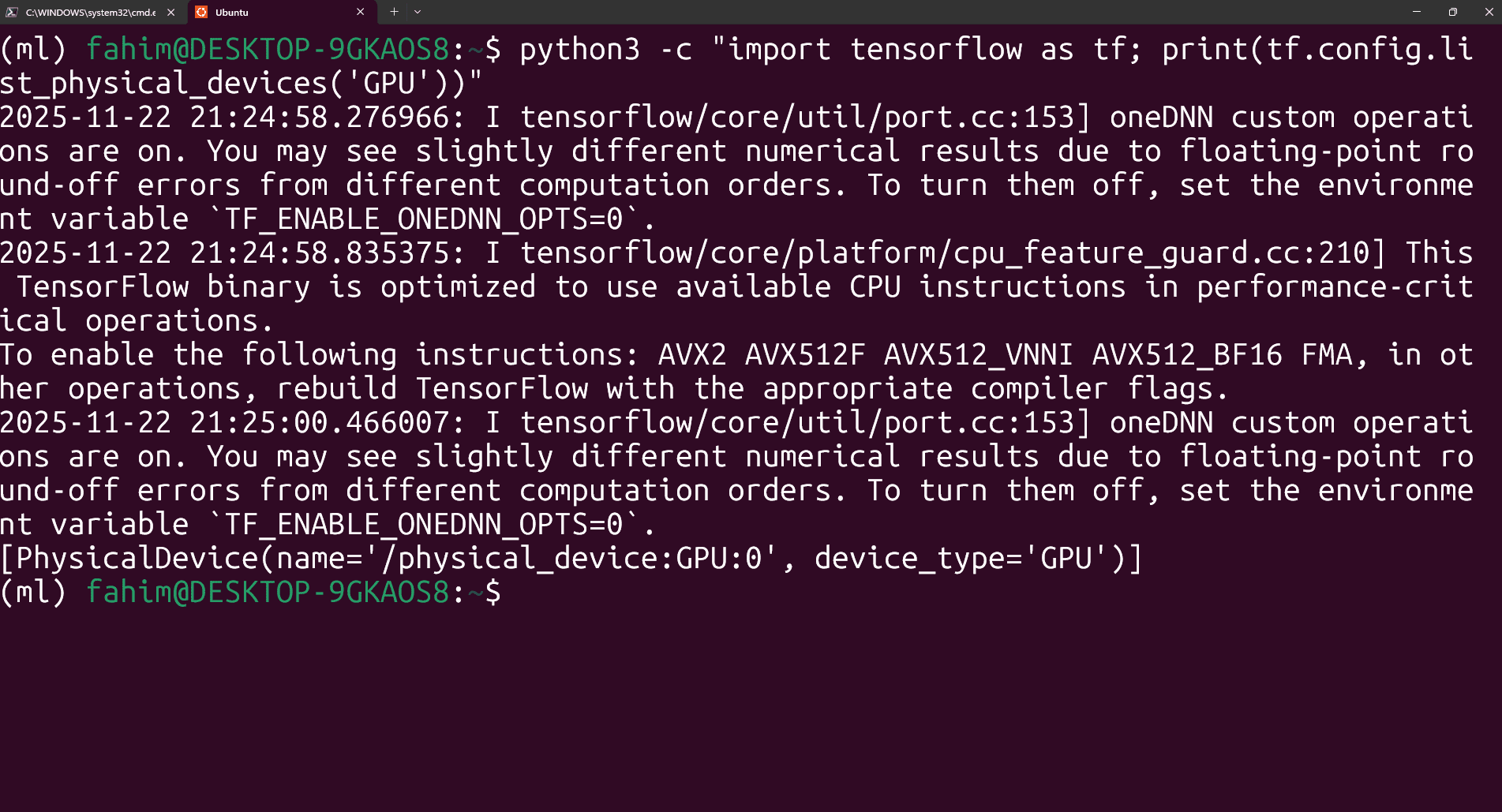 Preview of TensorFlow GPU check in WSL Ubuntu terminal