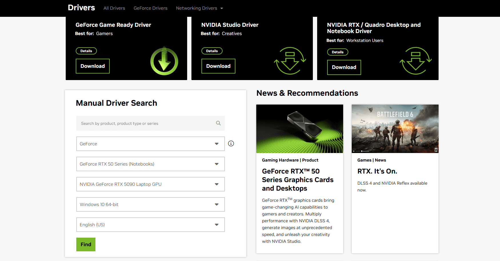 Preview of Nvidia driver download page