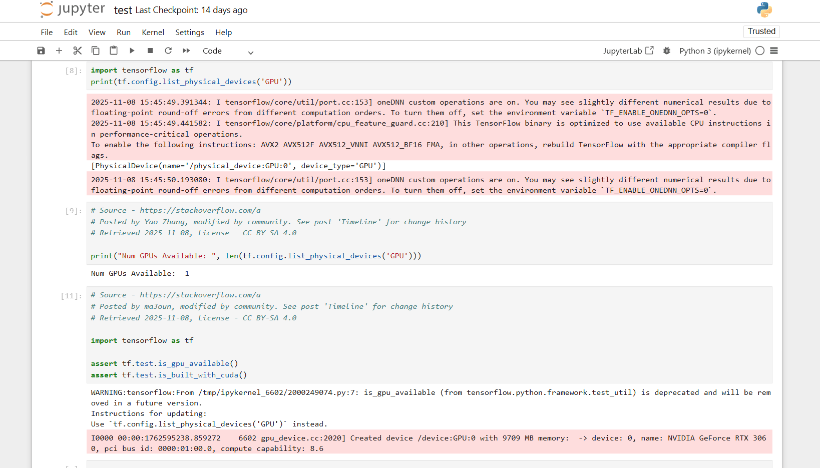 TensorFlow GPU initialization and CUDA validation output