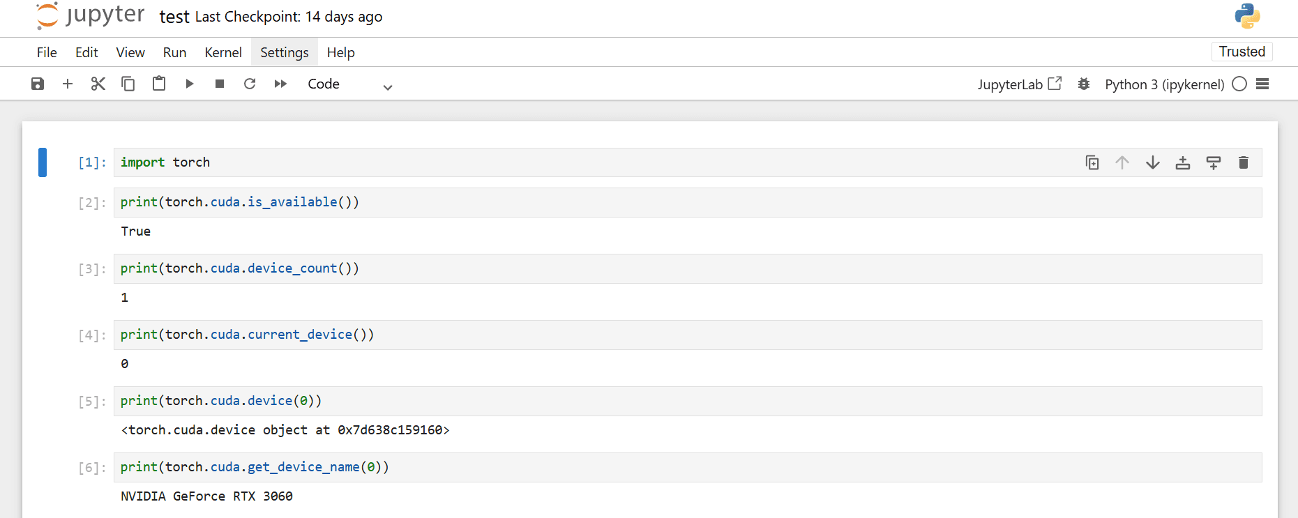 Preview of PyTorch GPU check inside Jupyter Notebook