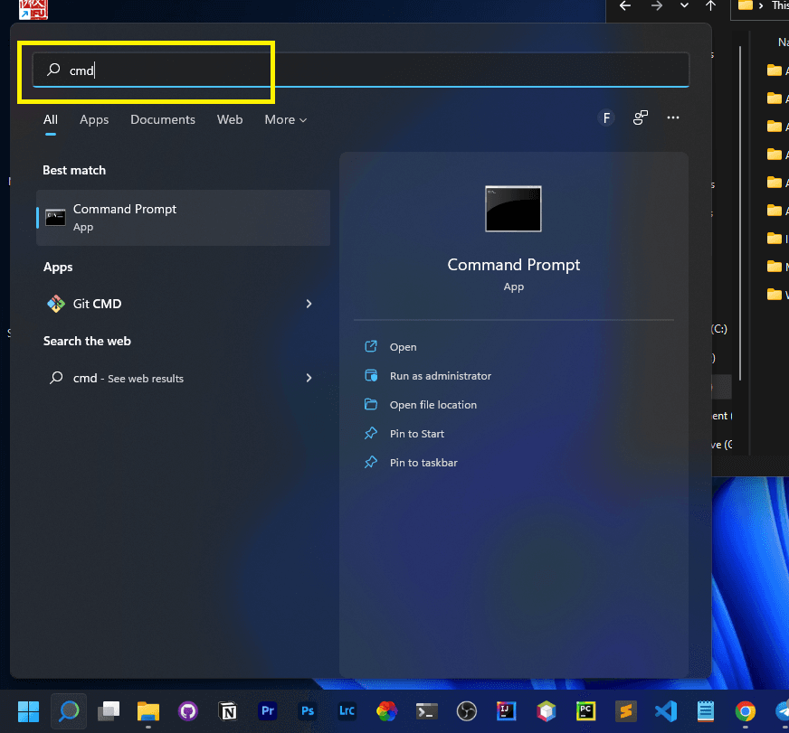 For that, simply click the Windows button, and search for CMD.