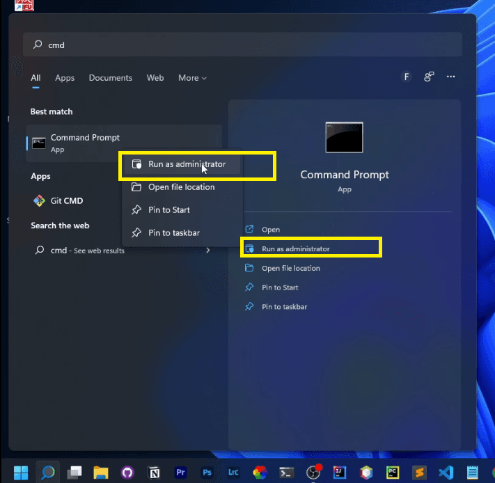 Now right click on the Command Prompt, and click Run as administrator.