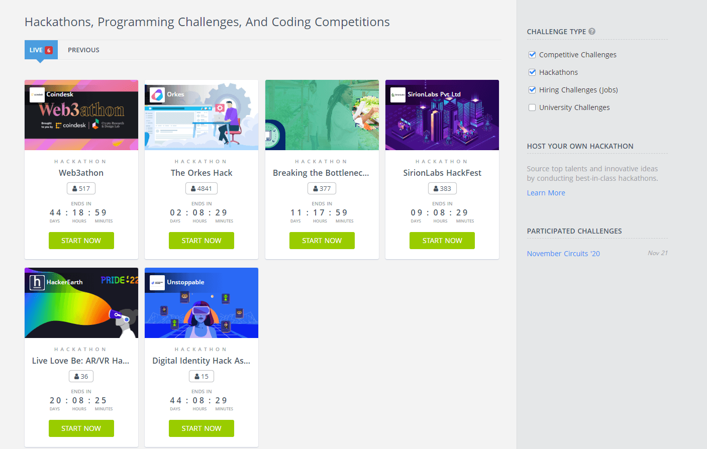 HackerEarth challenges page